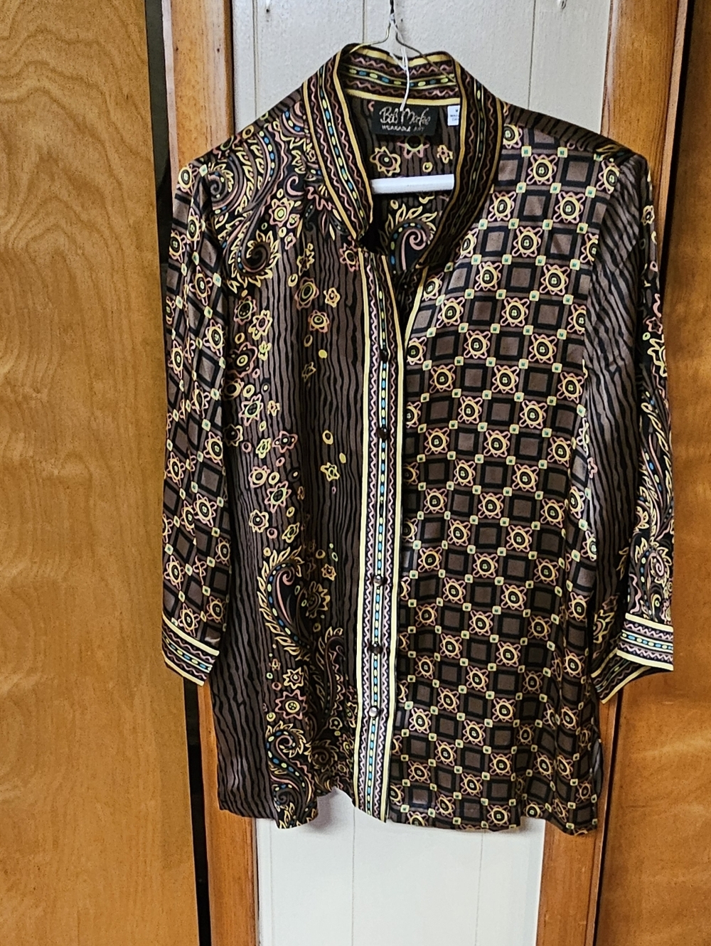 Vintage Men's Bob Mackie Patterned Brown & Gold Button-Up Shirt
